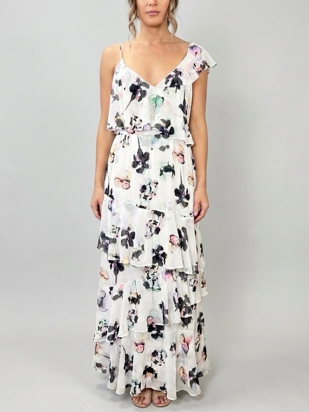 ML Monique Lhuillier Gardenia Floral Chiffon Maxi Dress Sz 16 Wedding Guest